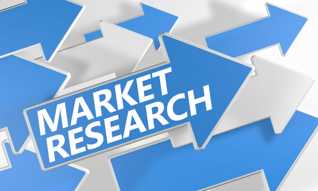 Market research concept with blue and white arrows, one labeled Market Research.