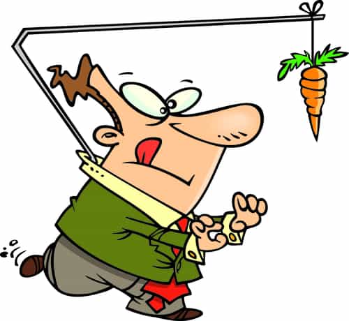 Cartoon of a man who has a pole attached to him with a carrot dangling at the end of the pole, and he's chasing the carrot.