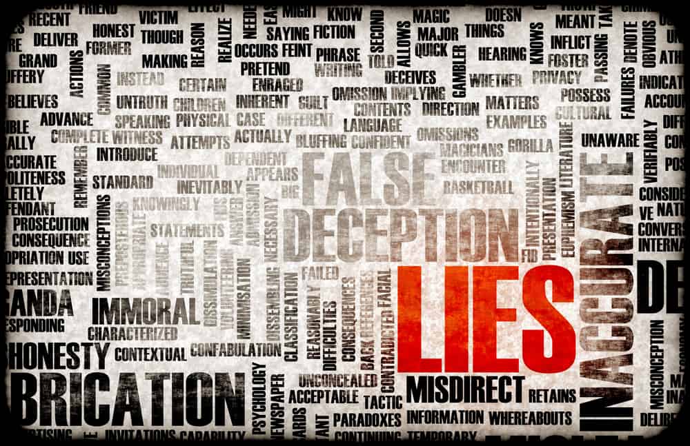 Image of a collage of words such as Fabrication, Deception, Inaccurate, Misdirect. The word LIES is highlighted in red.