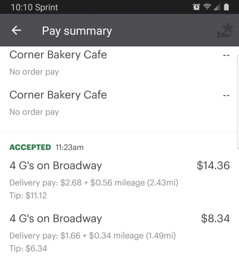 Screenshot of a pay summary for a stacked delivery (two deliveries from the same restaurant)