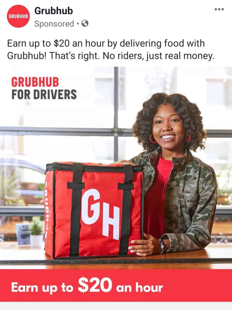 Screenshot of Grubhub ad suggesting one can earn up to $20 per hour.