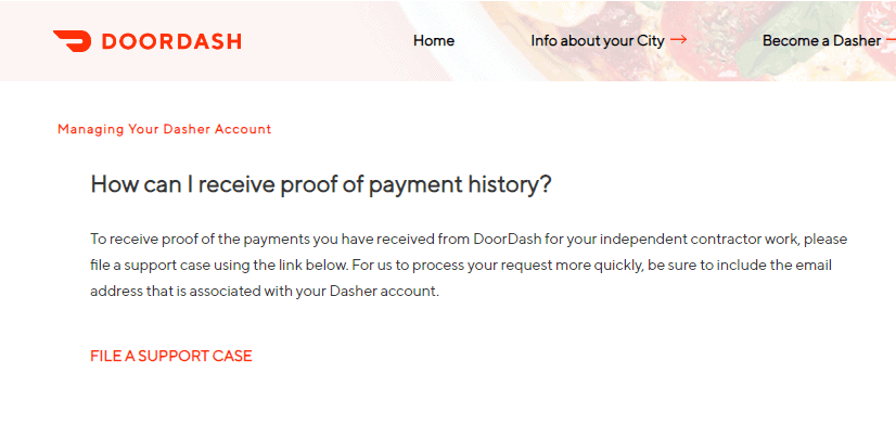 Doordash article stating that you can request a payment history as proof of earnings