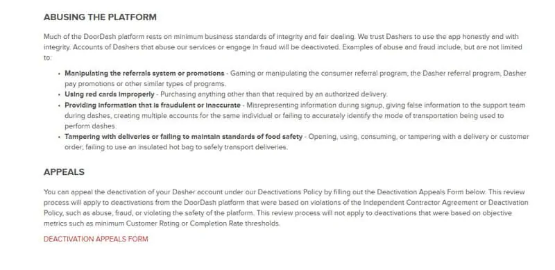 Screenshot Doordash Deactivation policy as of September 29 as copied from the Wayback Machine, which does not have a section on Violating the Terms of Your Contract.