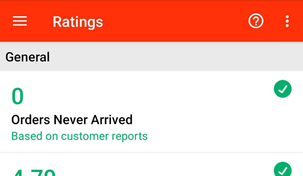 The previous Doordash ratings screen showing "Orders Never Arrived"