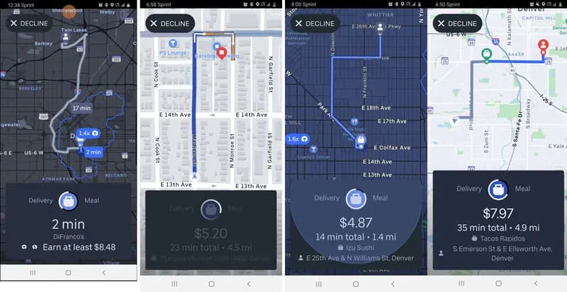 Screenshots of Uber Eats delivery offers over time showing the evolution in the information provided.