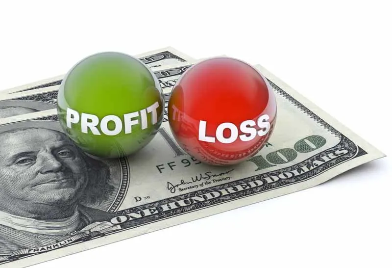 Two balls labeled Profit and Loss over some one hundred dollar bills.