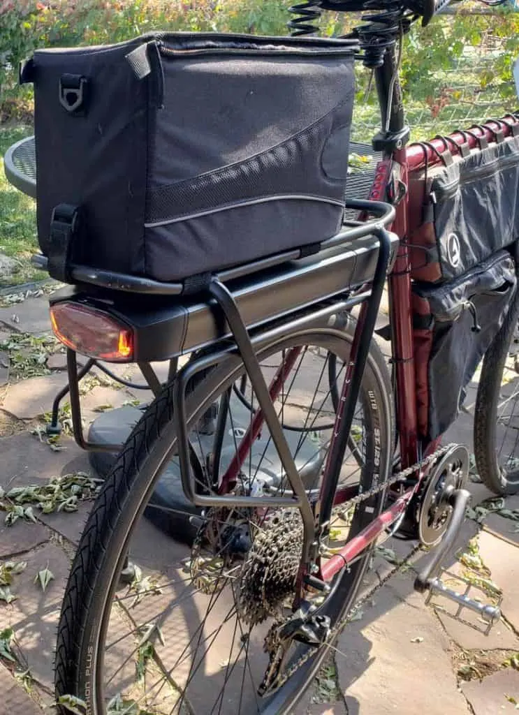 The battery on my bike is mounted over the rear wheel, integrated into a rear rack. Because there's so much battery power, I can use an integrated tail light.