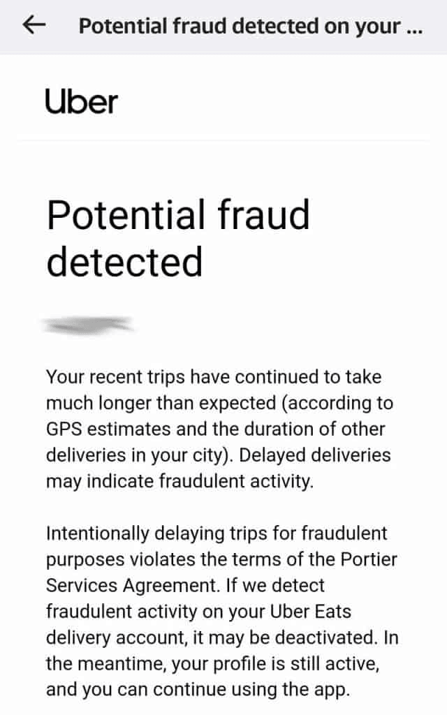Screenshot forwarded to me of a warning received from Uber Eats