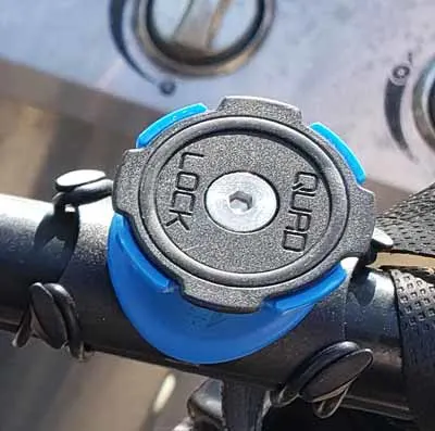 The Quad Lock phone mount on my handlebars. You just twist and lock the phone onto it. It mounts and unmounts quickly and efficiently and I'm finding it one of the most effective tools for delivering on e-Bike for Grubhub, Uber Eats and Doordash