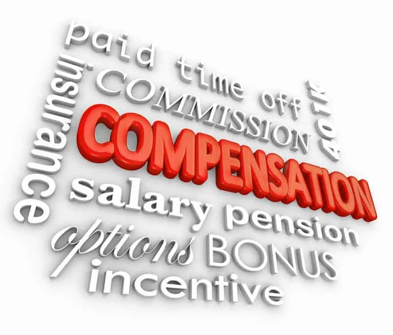 Word cloud centered around the word compensation, which stands out in large red letters. Other terms include salary, incentive, commission, and paid time off.