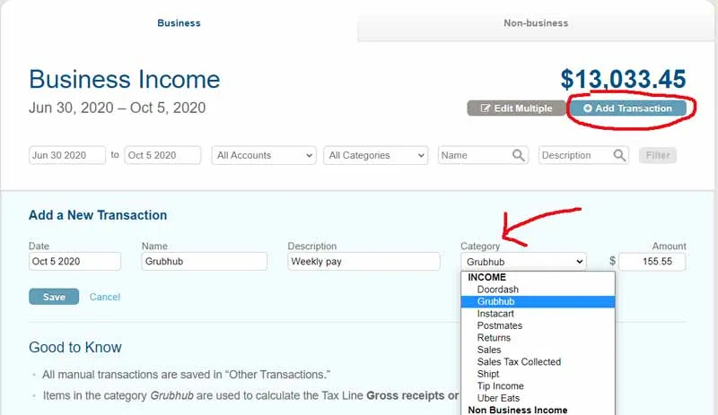 Entering income in GoDaddy BookKeeping. The ability to customize income categories and thus select the Gig Company source of your income like the choices shown here of Doordash, Grubhub, Uber Eats, Postmates, and Instacart, is one advantage that makes GoDaddy Bookkeeping a good alternative to Quickbooks Self Employed.