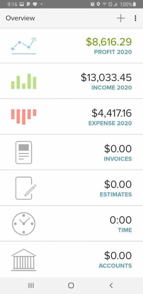 The overview page on the Godaddy Bookkeeping mobile app