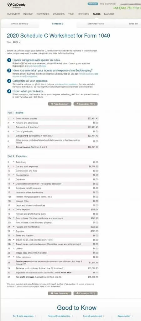 The Schedule C Worksheet is another feature that makes GoDaddy Bookkeeping a good alternative to Quickbooks Self Employed for those of us who deliver for Grubhub, Uber Eats, Doordash,  Postmates or work with gig apps like Uber and Lyft.