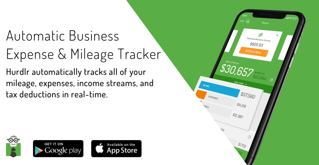 Hurdlr image of smart phone and text "Automatic Business Expense and Mileage Tracker. Hurdlr automatically tracks all of your mileage, expenses, income streams, and tax deductions in real-time.