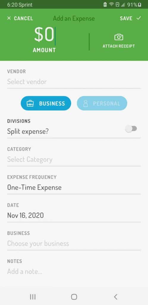 Hurdlr expense entry screen - there are a number of options you can add. The Vendor field is required (who you paid), you have the option to categorize business or personal, you can track by business (such as Grubhub vs Doordash related expenses), and you can split the categories (something common with your phone bill if you have the phone plan and also lease or payment field)