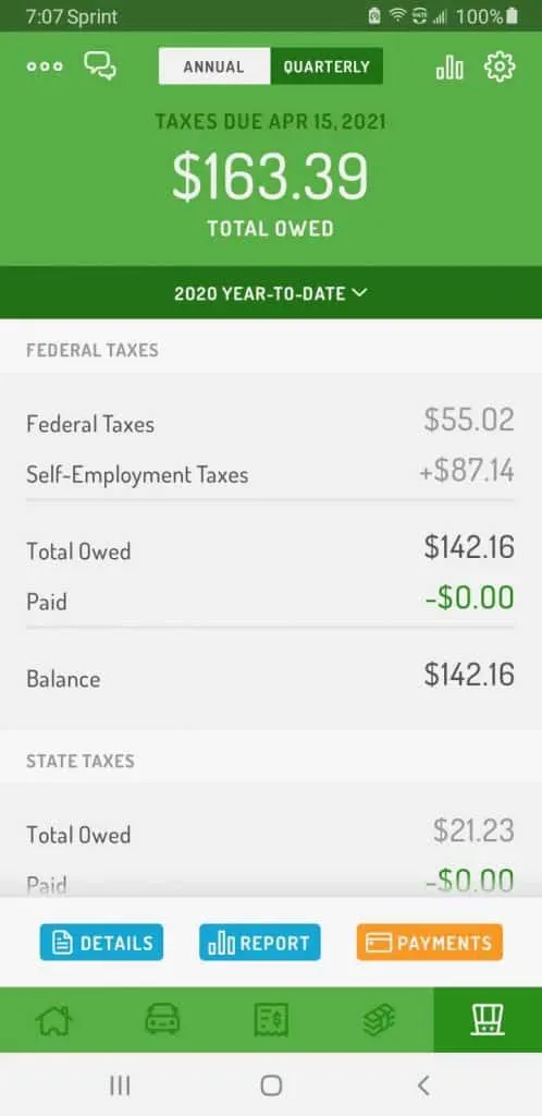 Hurdlr gives me a breakdown of estimated income tax, self employment tax and state tax that I would need to save for the year based on the income tax settings that I put into the app.