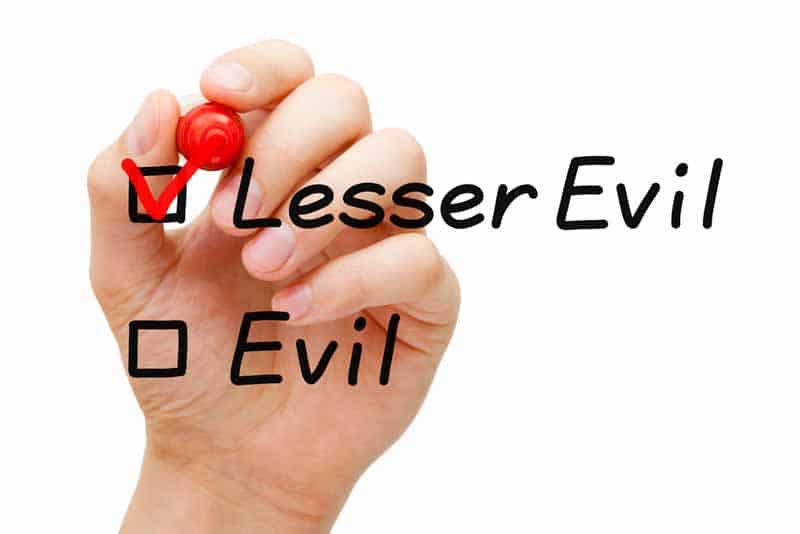 The lesser of two evils illustrated by a hand checking off a box next to "Lesser Evil" instead of the box next to "Evil."