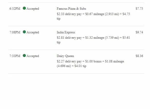 Grubhub pay sample that shows that miles are factored into the pay calculation