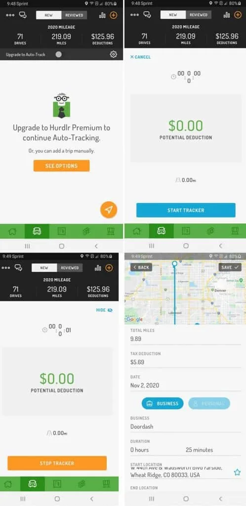 For screenshots from Hurdlr show the process for starting and stopping a trip recording. The last shot (bottom left)  shows where you can select  Business or Personal on the lower part of the screen and even choose a business if you want to track for multiple delivery apps