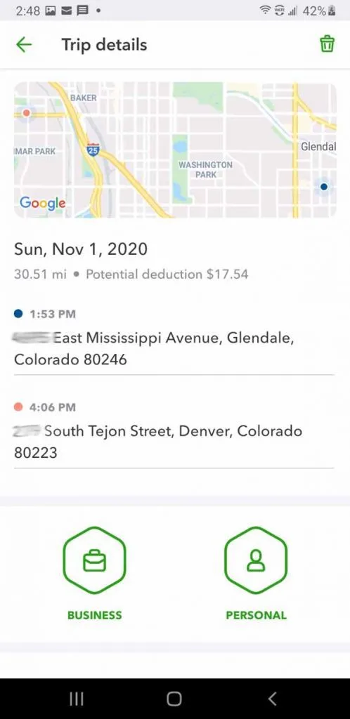 Quickbooks Self Employed trip record over two hours, 13 minutes of delivery time showing only a starting and ending spot.