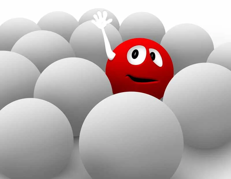 A red spherical character with eyes and waving, standing out among a crowd of white plain spheres, illustrating how a delivery bag can make a delivery driver stand out in a restaurant.