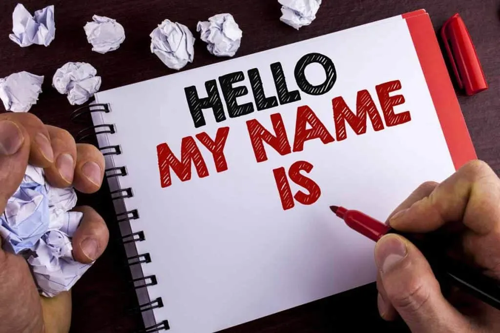 Note pad with hand writing "hello my name is"