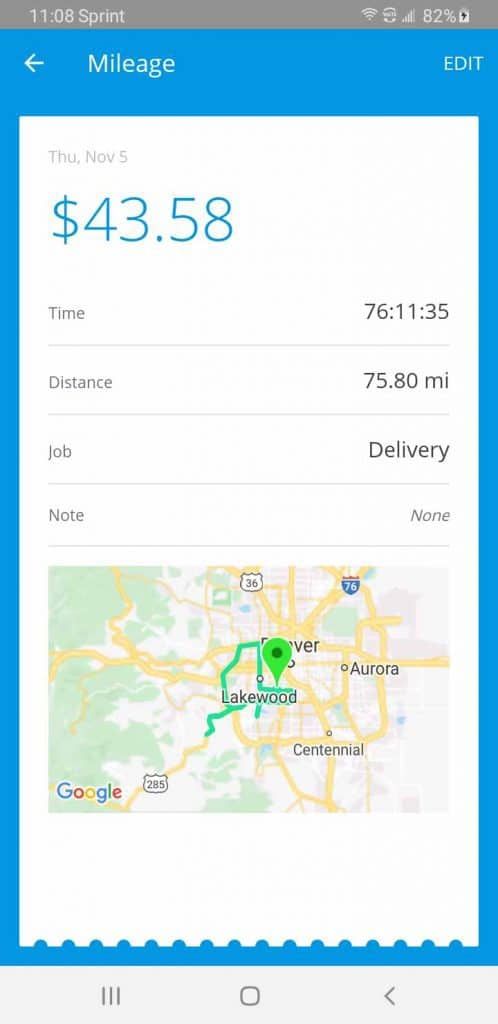Stride Tax provides a map that you can zoom in on. It also shows basic details including date and elapsed time (based on the 76 hours on this trip, I'm assuming I forgot to stop tracking at the end of the day)