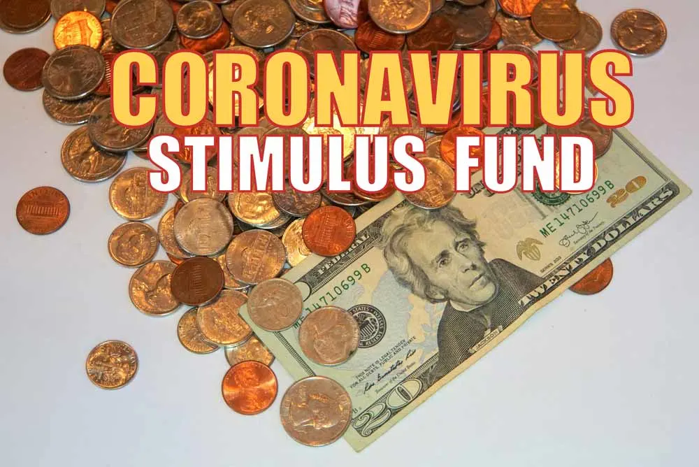 label "Coronavirus Stimulus Fund" over several coins and a $20 bill