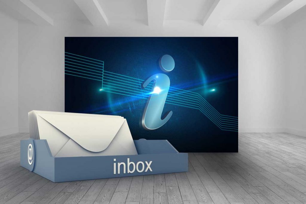Blue inbox against room with futuristic picture of information icon 