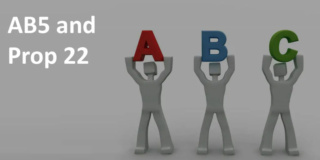 "AB5 and Prop 22" label next to image of three 3D characters holding up A B and C referring to ABC test.