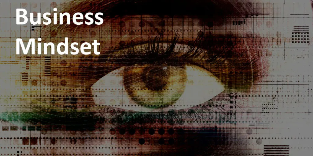 "Business Mindset" label over abstract image of a human eye with a technical theme.