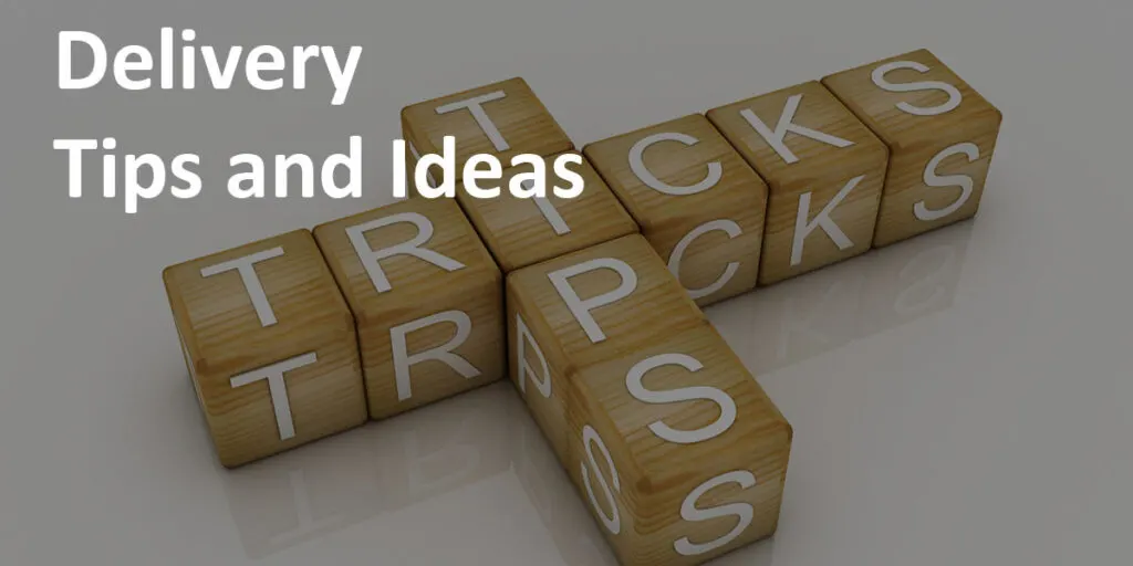 "Delivery Tips and Ideas" label over image of blocks that spell "Tips and Tricks" in a crossword style.