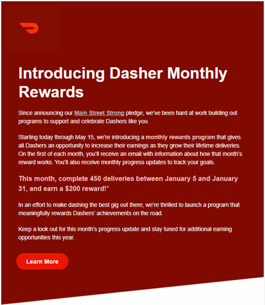 Screenshot of Doordash Monthly Rewards email from January 2021, offering a $200 reward if 450 deliveries were completed between January 5 and January 31.