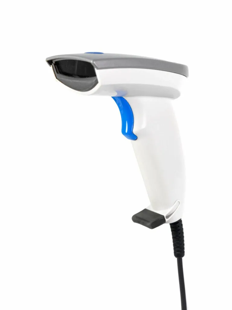 White scanner with blue button against a white backgound, used for setting one's price.