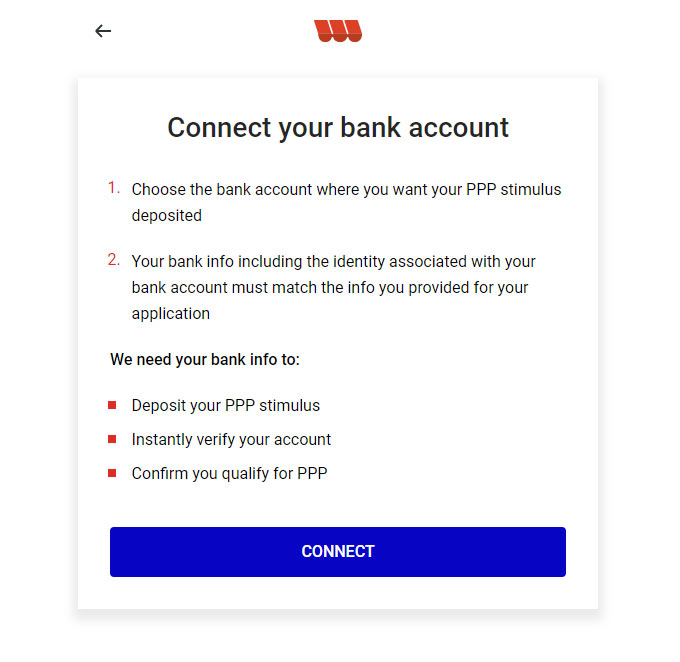 Womply Fast Lane Application screen notifying that you are now going to connect your bank account.
