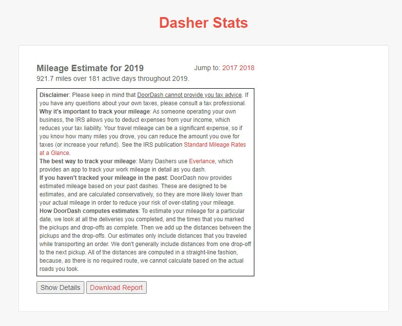 Screenshot from the Doordash Mileage Stats page, with a heading "Mileage Estimate for 2019" including section explaining  whether Doordash does track mileage, explaining instead  that it estimates instead of tracks.