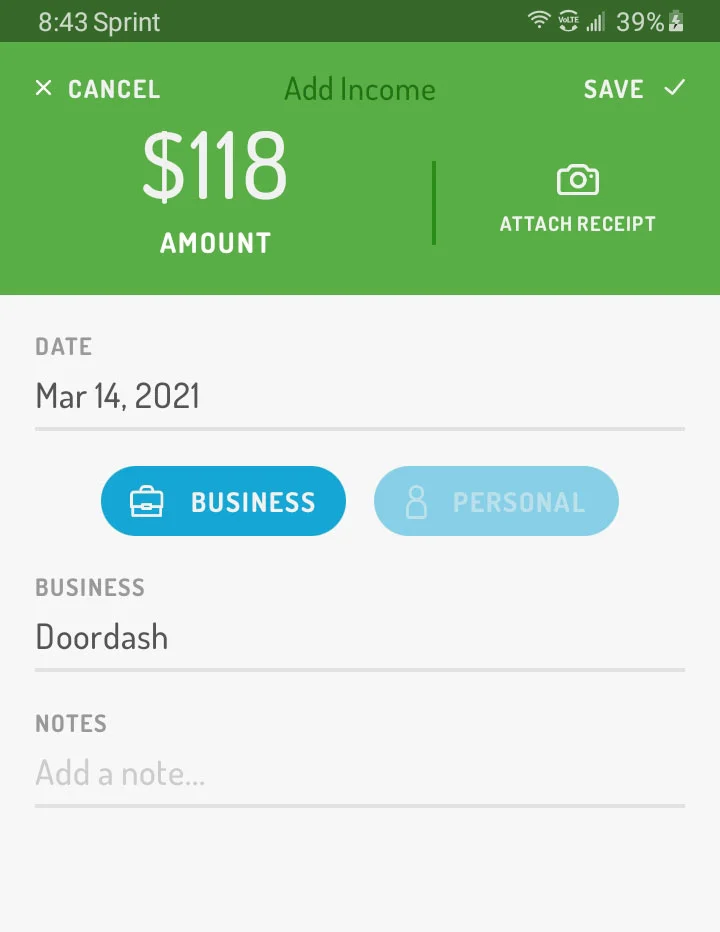 Screenshot of an income entry screen from Hurdlr showing the amount, the date, the business, and a place for notes.