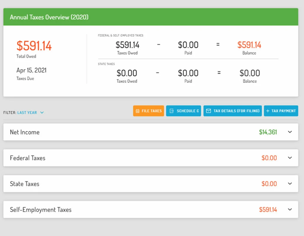 Screenshot of Hurdlr Premium and Hurdlr Pro tax screen showing estimated tax details and options for tax reports.