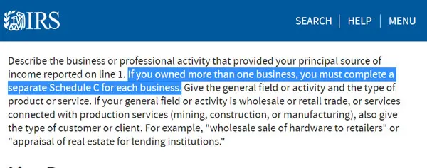 Screenshot from IRS Schedule C instructions highlighting the sentence: If you owned more than one business, you must complete a separate Schedule C for each business.