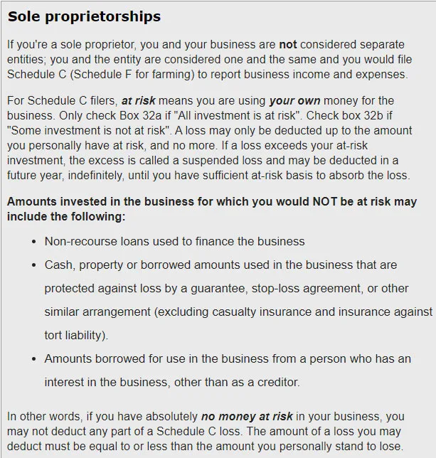 Screen shot of at risk definition for sole proprietors from Loopholelewy.com