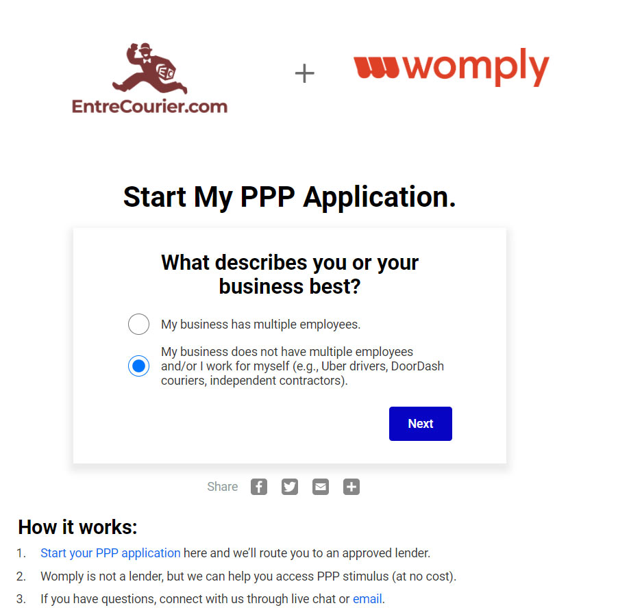 Screenshot of Womply's Paycheck Protection Program application landing page with question: What describes you or your business best?