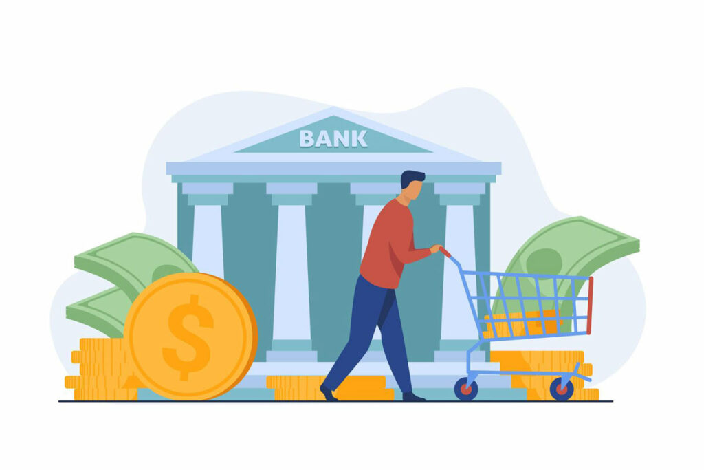 Cartoon drawing of a person pushing a grocery cart filled with money in front of a bank building.