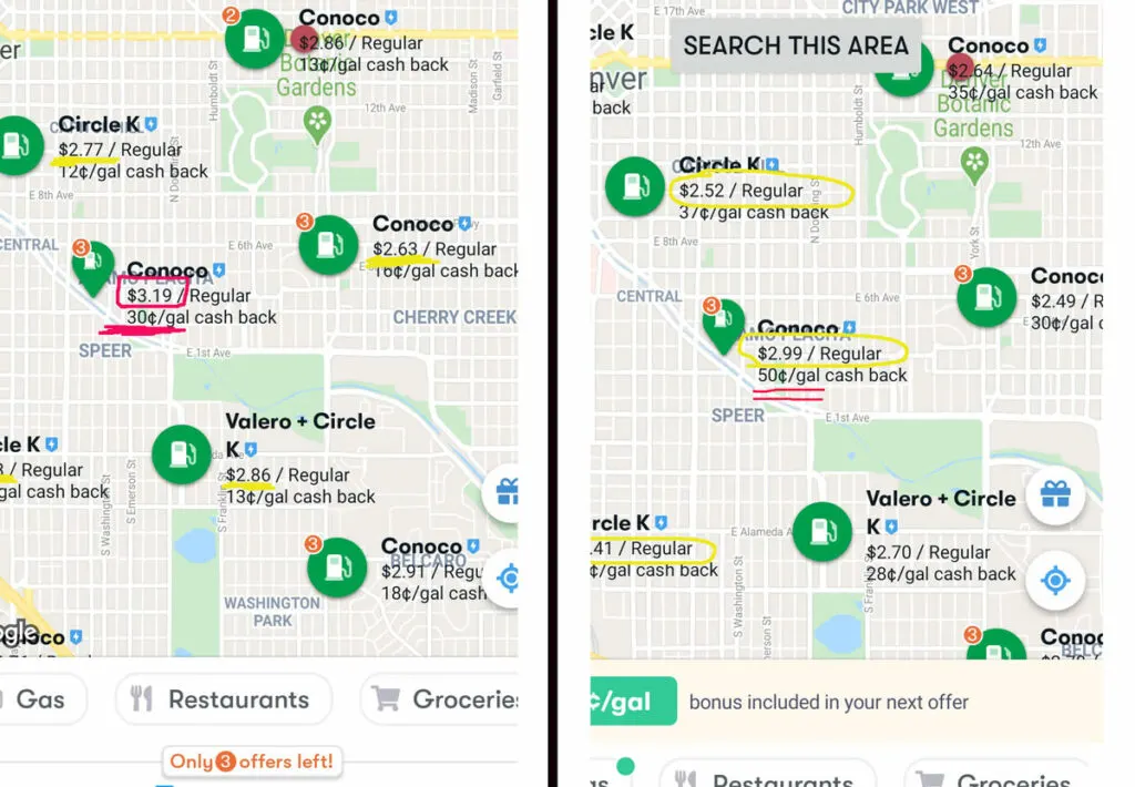 Side by side screenshots of GetUpside maps showing very different cash back amounts from two different accounts.