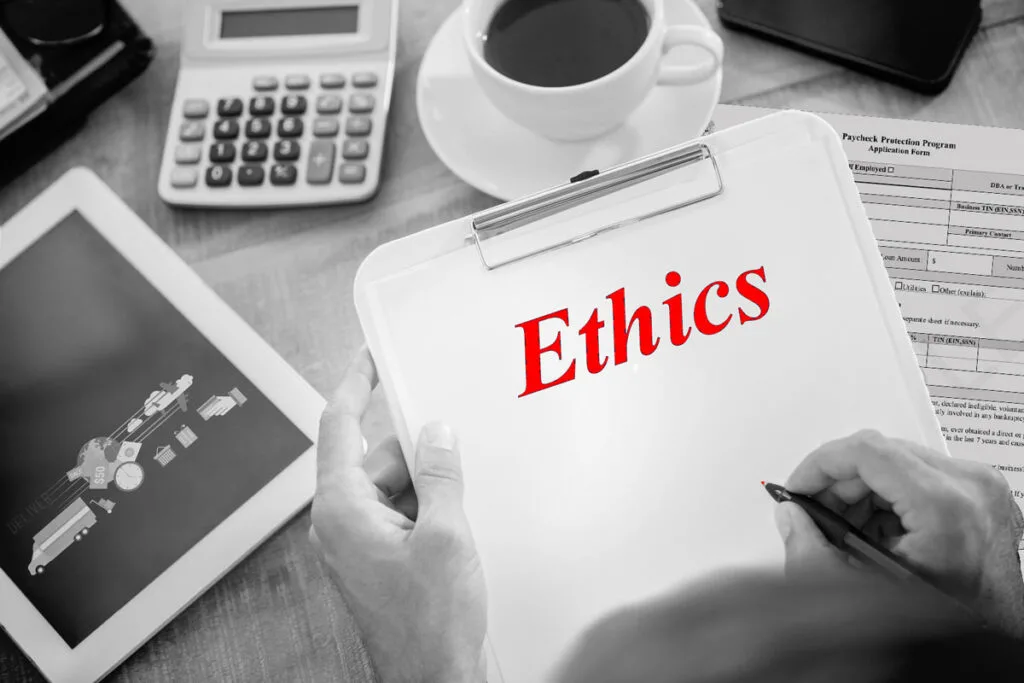 Against the background of a tablet with delivery and commerce icons, a calculator, and a Paycheck Protection Program application, a hand is writing the word Ethics in red on a clipboard.