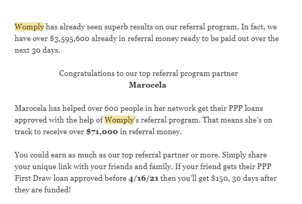 Screenshot of email from Womply referencing how a person named Marocela was on track to receive $71,000 in referral fees for the PPP.