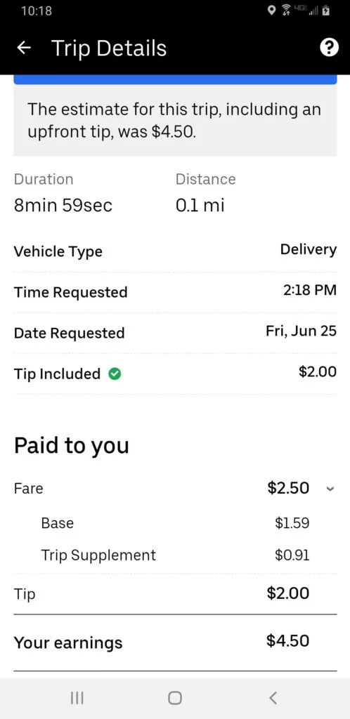 Uber Eats pay summary for a short delivery, with a $1.59 base pay.