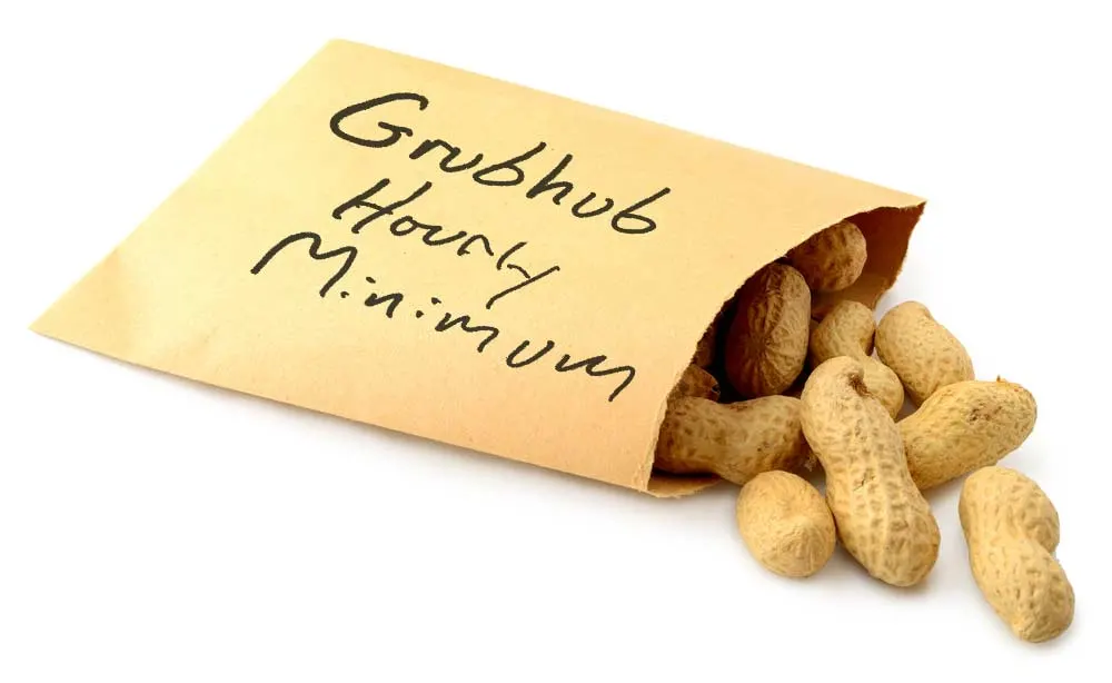 Envelope full of peanuts with handwritten label Grubhub Hourly Minimum.