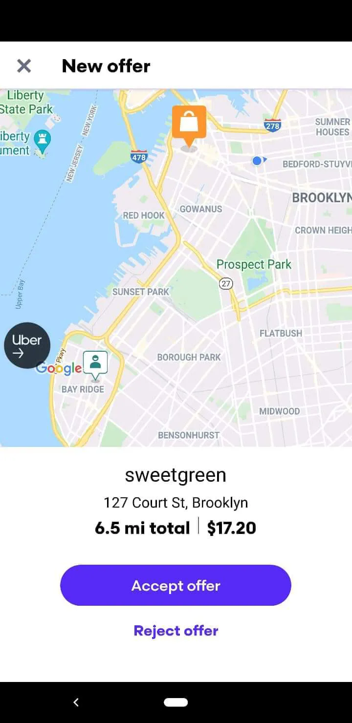 Screenshot of a Grubhub delivery offer that displays miles.