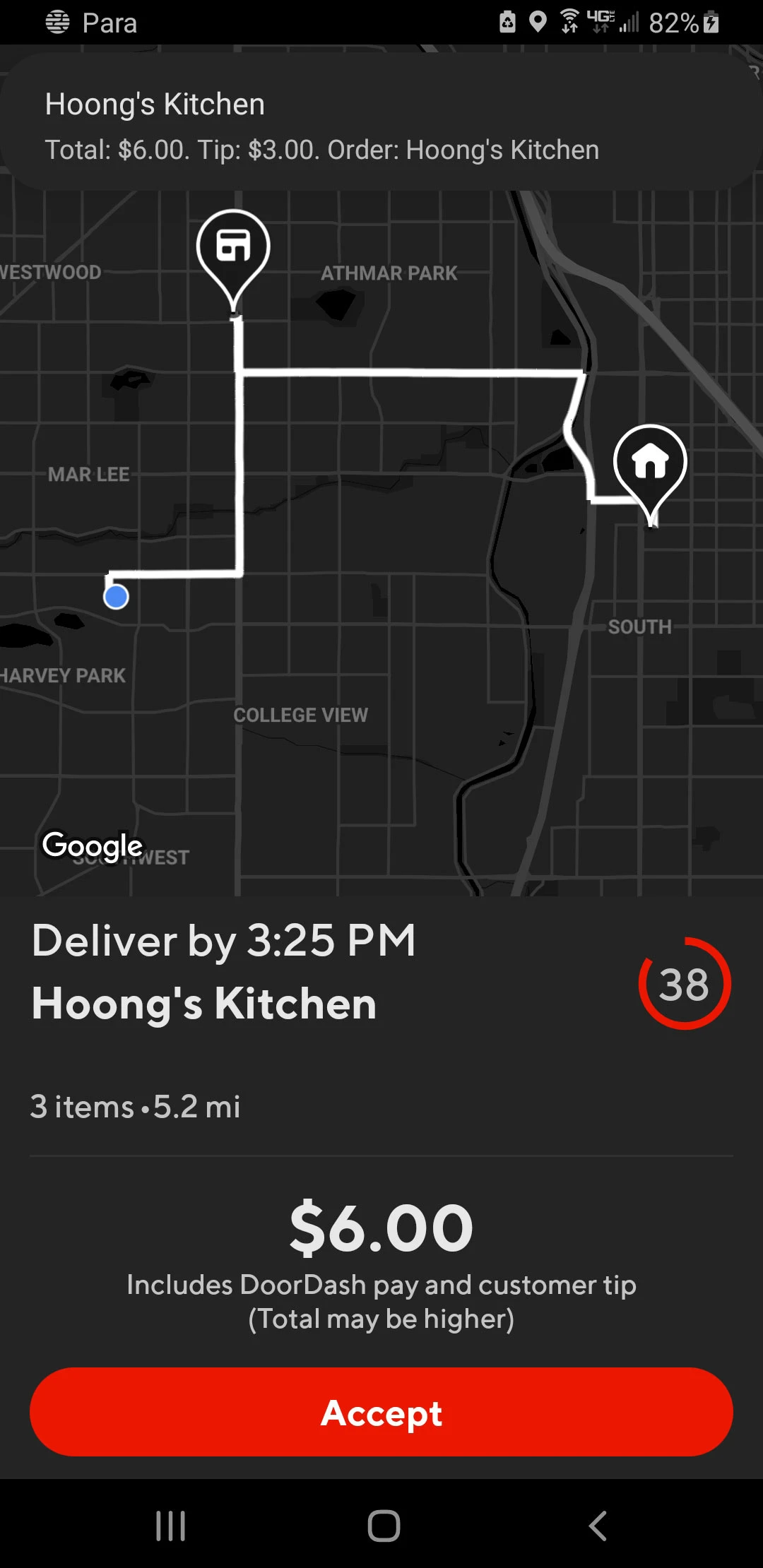 Screenshot of a delivery offer from Doordash, with notification overlaid from Para Tip Transparency showing the restaurant, total pay, and tip amount for the offer.