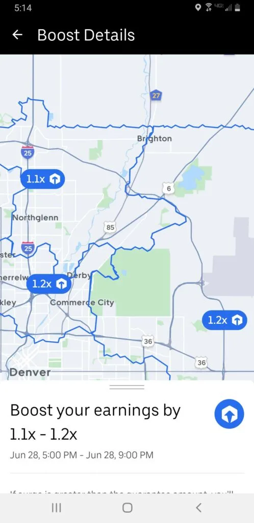 Screenshot of a map in the Uber Eats driver app showing zones of the city with the boosts available for those zones. 